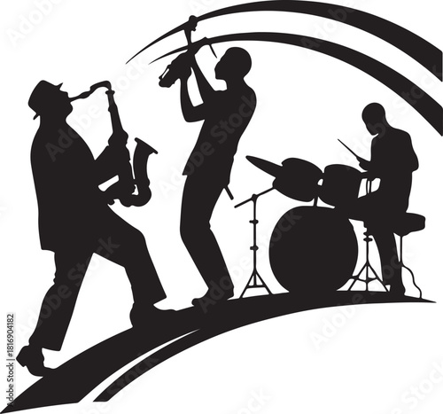 Silhouette of a jazz band playing music with saxophone drums and trumpet vector illustration