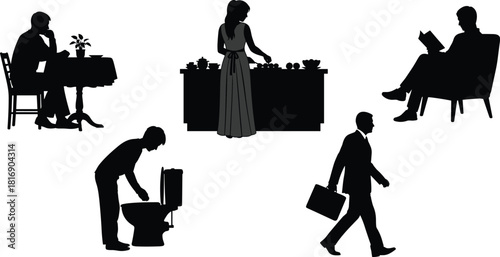 Everyday Life Silhouette Collection, Busy People Engaged in Daily Activities, Including Dining, Cooking, Cleaning, Reading, and Commuting, Vector Illustrations Representing 