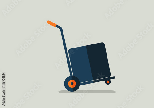 Flat Vector Illustration of a Hand Truck Dolly Moving a Large Shipping Box. Modern concept for logistics, delivery, warehouse service, and freight transportation.