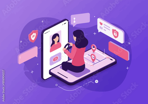 Mobile dating app concept illustration. Woman navigating location services and user profile data on a smartphone screen, depicting online social network, GPS, and digital security.