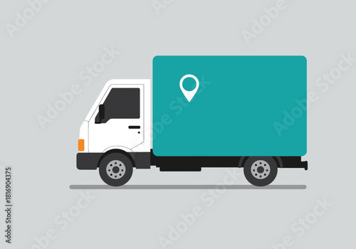 Commercial delivery truck tracking service concept. Flat vector illustration of light cargo vehicle for fast shipping and reliable transportation.