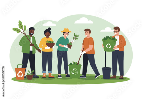 Diverse Volunteers Planting Trees and Recycling Waste. Group of people working together for nature conservation, sustainability, environmental protection, and Earth Day flat vector illustration.