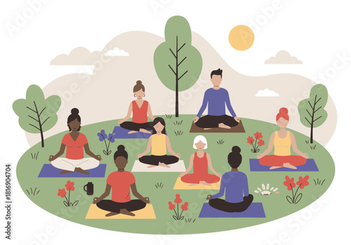 Diverse Group of People Practicing Yoga and Meditation Outdoors in a Sunny Park. Community Wellness Class, Flat Vector Illustration for Health and Mindfulness Concepts.