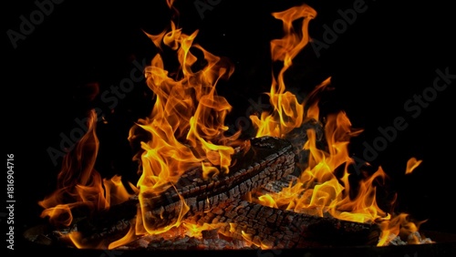 Freeze motion of campfire flames isolated on black background