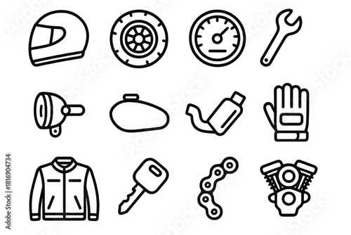 Motorcycle Icon Set. Motorcycles linear icon set. helmet, wheel, speedometer, wrench, headlight, fuel tank, exhaust, gloves, jacket, key, chain, engine