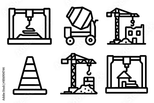 Construction Icons Trio. On-Site Printing linear icon set: large printer frame, cement mix, construction site, safety cone, crane, printed structure