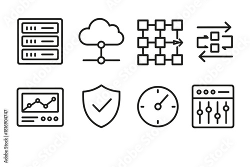 Digital Infrastructure Icons. Digital Infrastructure Management linear icon set: server rack, cloud node, network grid, data flow arrows, system dashboard, security shield, uptime