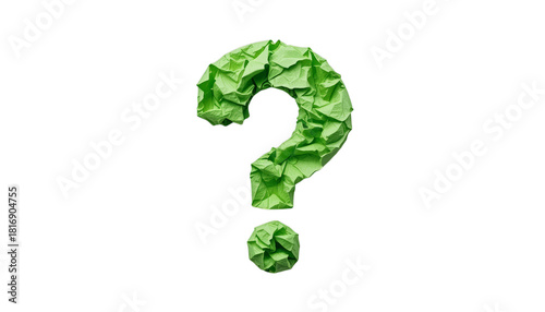 Crumpled light green paper forms a question mark on a transparent background. The texture is visible, creating a contrast between the colors.
