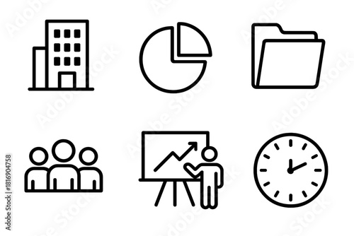 Board Meeting Icons. Board meetings linear icon set: office building, pie chart, document folder, group of people, chart board, clock