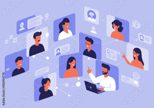 Online Video Conference Meeting. Virtual Teamwork Grid Connecting Diverse People, Remote Work Webinar, and Digital Communication Network Illustration.