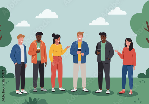 Diverse Group of Young Adult Friends Socializing and Communicating Outdoors. Multi-Ethnic Team or Students Gathering in a Park Setting, Vector Illustration.