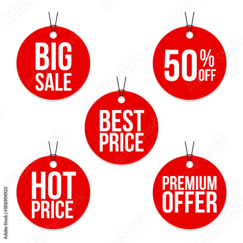 Set of red sale tags and labels. Paper gift label with rope. Special offer, sale, discount, shop, black Friday.