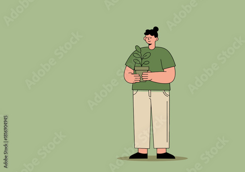 Minimalist Flat Vector Illustration of Person Holding and Caring for a Small Potted Plant, Symbolizing Sustainability, Nature Care, and Environmental Responsibility
