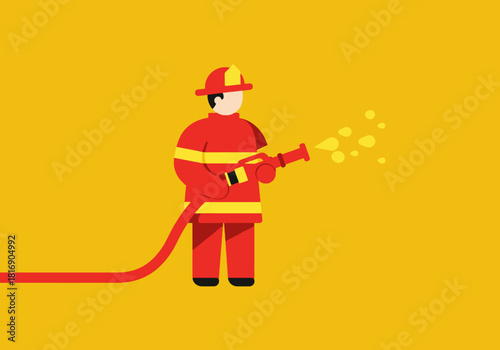 Firefighter Holding Fire Hose Nozzle and Spraying Water. Flat Design Vector Illustration of Emergency Rescue Professional on Yellow Background.