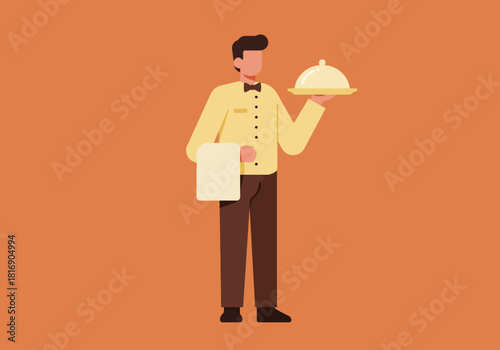 Flat design vector illustration of a professional male waiter holding a cloche tray for premium restaurant service and hospitality staff.