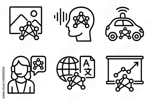 Neural Icons Grid. Neural Network Applications linear icon set. image recognition, speech processing, autonomous vehicle, AI assistant, language translation, predictive analytics