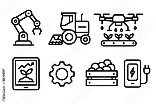Futuristic Farming Icons. Automated Farming linear icon set: robot arm, harvester, drone sprayer, conveyor belt, data tablet, machine gear, crop bin, charging dock