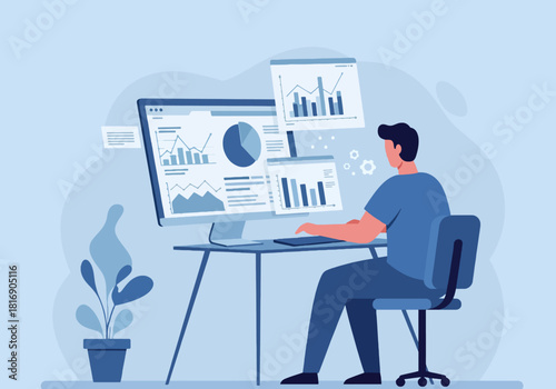 Data Analysis and Business Intelligence Concept. Man working on a desktop computer monitoring financial reports, charts, and graphs for optimization and market strategy development, flat vector illust