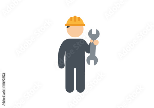 Repairman or Technician Icon Holding Wrench. Flat vector illustration of construction worker in safety helmet for maintenance and engineering services.