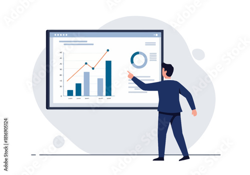 Businessman Presenting Data Analysis Dashboard. Professional Analyzing Financial Growth Charts and Market Report on a Screen for Business Strategy Meeting Vector Illustration.