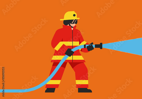 Professional firefighter holding a hose, actively spraying water to fight fire. Flat vector illustration of emergency rescue worker on orange background.