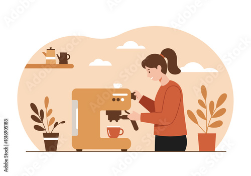 Flat Vector Illustration of a Woman Making Espresso Coffee with a Machine at Home, Focusing on Daily Morning Routine and Barista Preparation