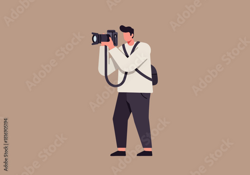 Modern vector illustration of a professional photographer standing, holding a DSLR camera with a strap, capturing images or video content.