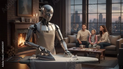 Household Robot Ironing Clothes While Happy Family Relaxing at Home