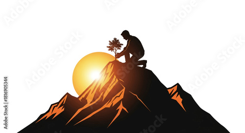 Determined silhouette plants a vibrant tree atop a majestic mountain peak during a breathtaking sunrise, symbolizing growth and achievement.