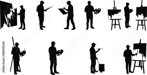 Male painter artist silhouette drawing canvas easel outdoors studio professional painting hobby illustration vector icon set collection man hat work brush palette drawing art creativity.