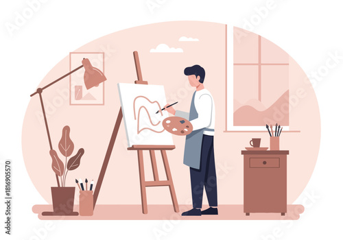 Artist Painting on Easel in Art Studio. Creative Process Hobby and Leisure Time Concept. Flat Vector Illustration.