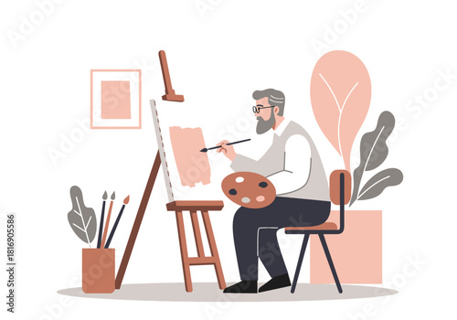 Vector illustration of bearded senior man painting on an easel, enjoying a creative art hobby and leisure time in an art studio flat design