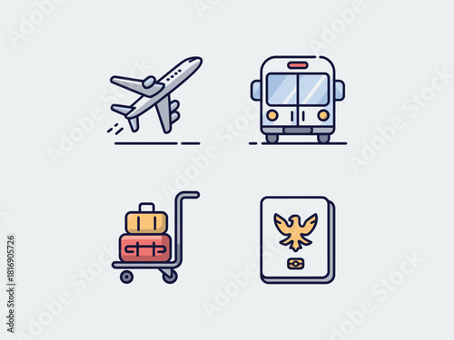 Flat Line Travel and Transportation Icons Set. Vector Illustration of Airplane Takeoff, Public Bus, Luggage Cart, and Passport for Global Tourism, Vacation Planning, and Airport Logistics Design.