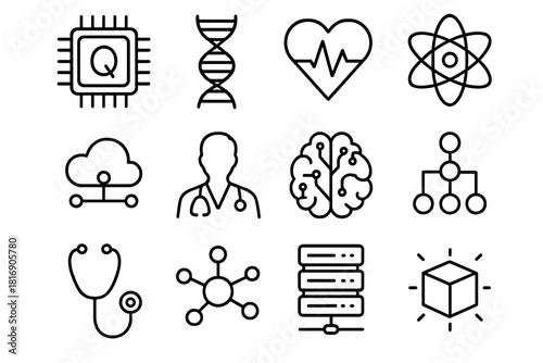 Healthcare Quantum Revolution. Quantum Computing in Healthcare linear icon set: quantum chip, DNA helix, heart monitor, atom symbol, cloud network, doctor silhouette, circuit brain