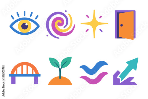 Icons of Creativity. Creative Inquiry Concepts flat icon set: curiosity eye, wonder swirl, imagination spark, open door, bridge span, growth sprout, harmony curve, breakthrough