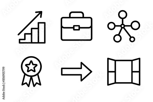 Career Pathway Icons. Professional Mobility linear icon set: career pathway, suitcase icon, networking nodes, skill badge, direction arrow, opportunity window