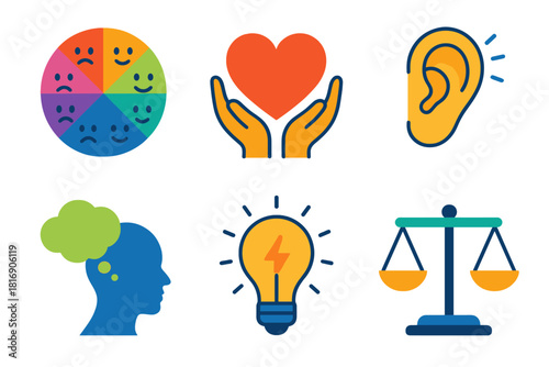 Emotional Intelligence Icons. Emotional Intelligence Training Set flat icon set: emotion wheel, empathy heart, listening ear, reflection bubble, insight spark, balanced scale