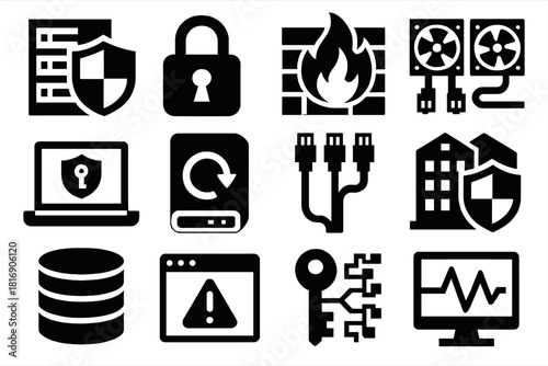 Brutalist Datacenter Icons. Secure Datacenter silhouette icon set. shielded server, padlock, firewall icon, cooling fans, secure laptop, backup drive, network cables, secure