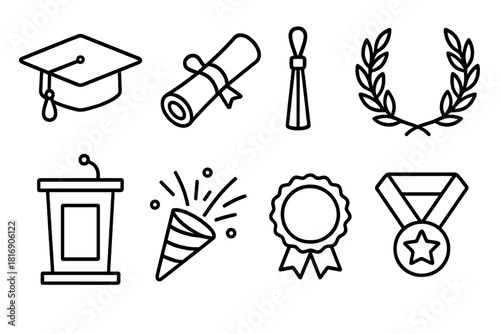 Graduation Icon Set. Graduation items linear icon set: graduation cap, diploma scroll, tassel, laurel wreath, podium, confetti burst, ribbon seal, academic medal