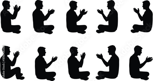 Muslim man silhouette sitting cross-legged praying to God with hands raised in Dua or supplication, spiritual devotion, Islamic ritual, peaceful reflection, 