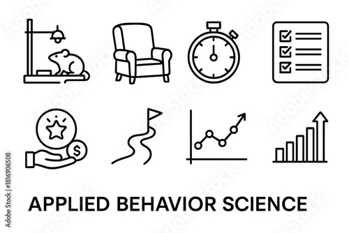 Behavior Science Icons. Applied Behavior Science linear icon set: experiment setup, therapist chair, reaction timer, habit checklist, reinforcement icon, goal pathway, feedback