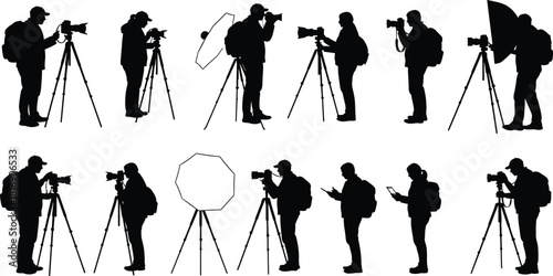 Professional Photographers and Tourists Using DSLR Cameras, Tripods, and Studio Lighting Equipment Silhouettes for Outdoor, Documentary, and Travel Photography Shoots in Black and White Outline.