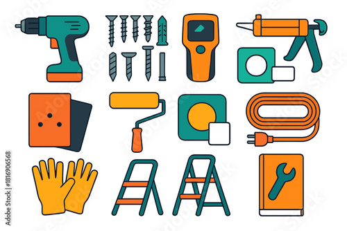 Home Repair Essentials. Home Repair Toolkit flat icon set: drill, screw set, wall anchor, stud finder, caulking gun, sandpaper sheet, paint roller, patch kit, extension cord