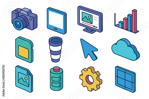 Digital Photography Tools. Digital photography tools flat icon set: camera, tablet, editing screen, histogram, memory card, zoom lens, cursor, cloud, image file, battery, settings