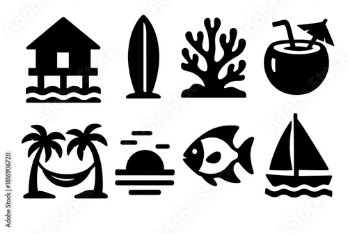 Tropical Island Icons. Island Resort silhouette icon set: bungalow over water, surfboard, coral reef, coconut drink, hammock, sunset, tropical fish, sailboat