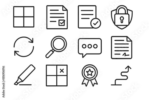 Ethical Study Icons. Ethical Study Design linear icon set: framework grid, criteria sheet, justified method card, protected data icon, review arrows, clarity lens, oversight panel
