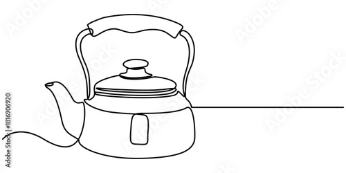  Continuous One line drawing tea kettle, illustration of tea pot,  Single line art draw of Teapot minimalist. 