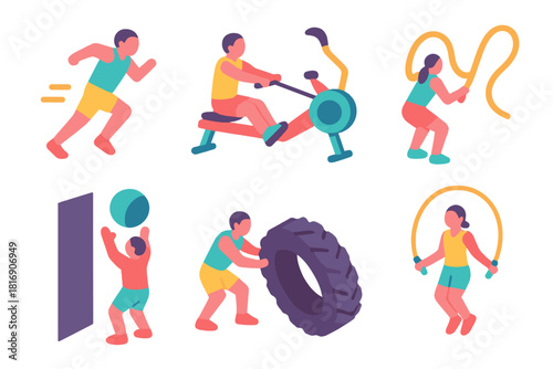 Fitness Icon Set. High-Intensity Routines flat icons set. sprint, rowing machine, battle ropes, wall ball, tire flip, jump rope double-under