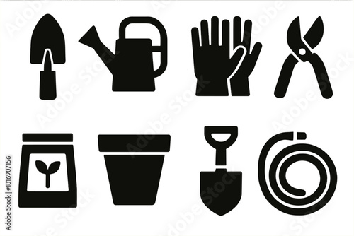 Brutalist Garden Icons. City Garden Gear silhouette icon set. trowel, watering can, gloves, pruning shears, seed packet, pot, spade, hose