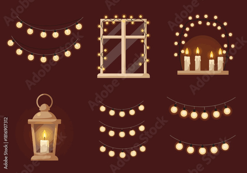 Cozy holiday lighting set featuring string lights, illuminated window, lantern, and burning candles.